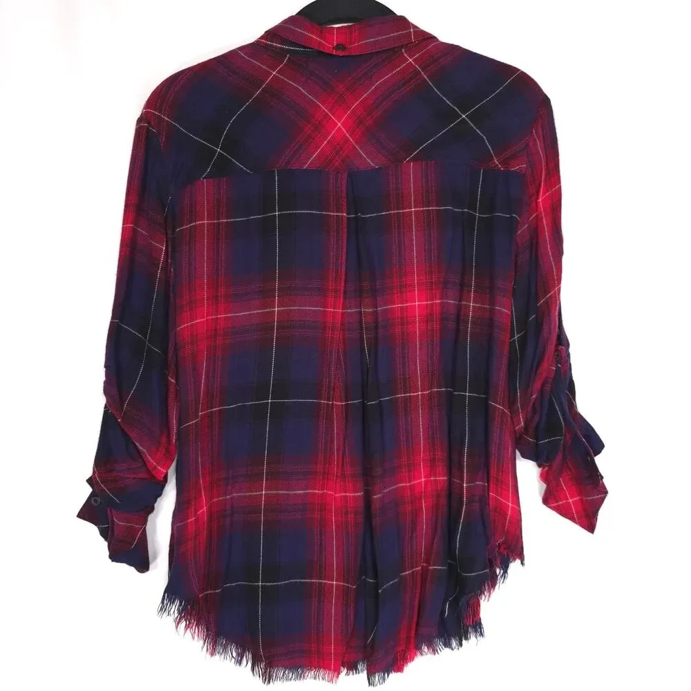 ANTHROPOLOGIE CLOTH & STONE Top Shirt MEDIUM Frayed Hem Red Blue C2231-980-304 - Picture 9 of 9